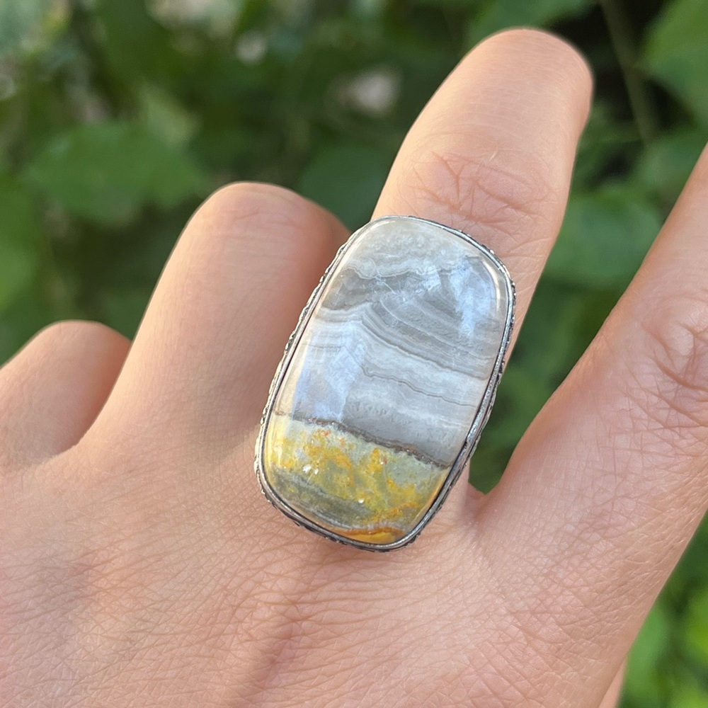 Size 8 925 Silver Plated Bumblebee Jasper‎ Rectangular Ring 2289 - Picture 2 of 9
